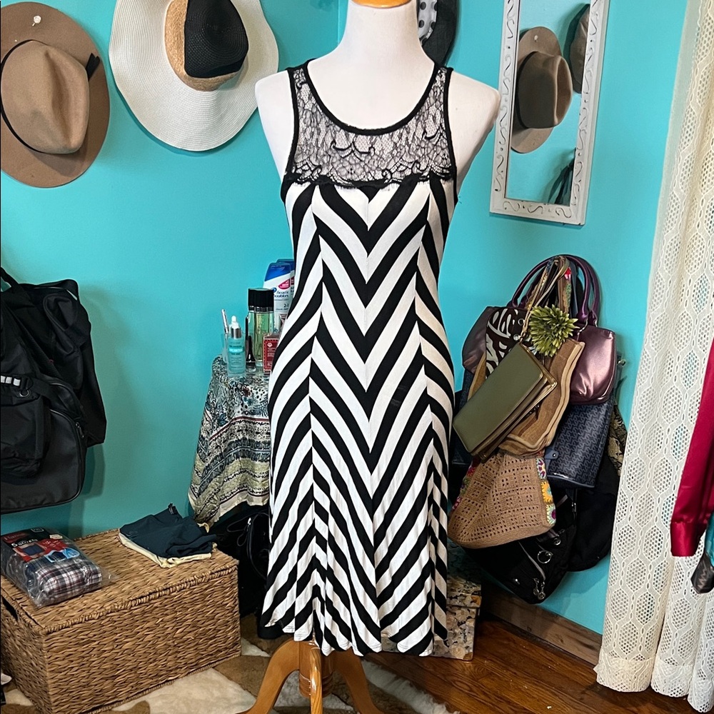 Heart & Hips Black and White Striped Midi Dress with Lace